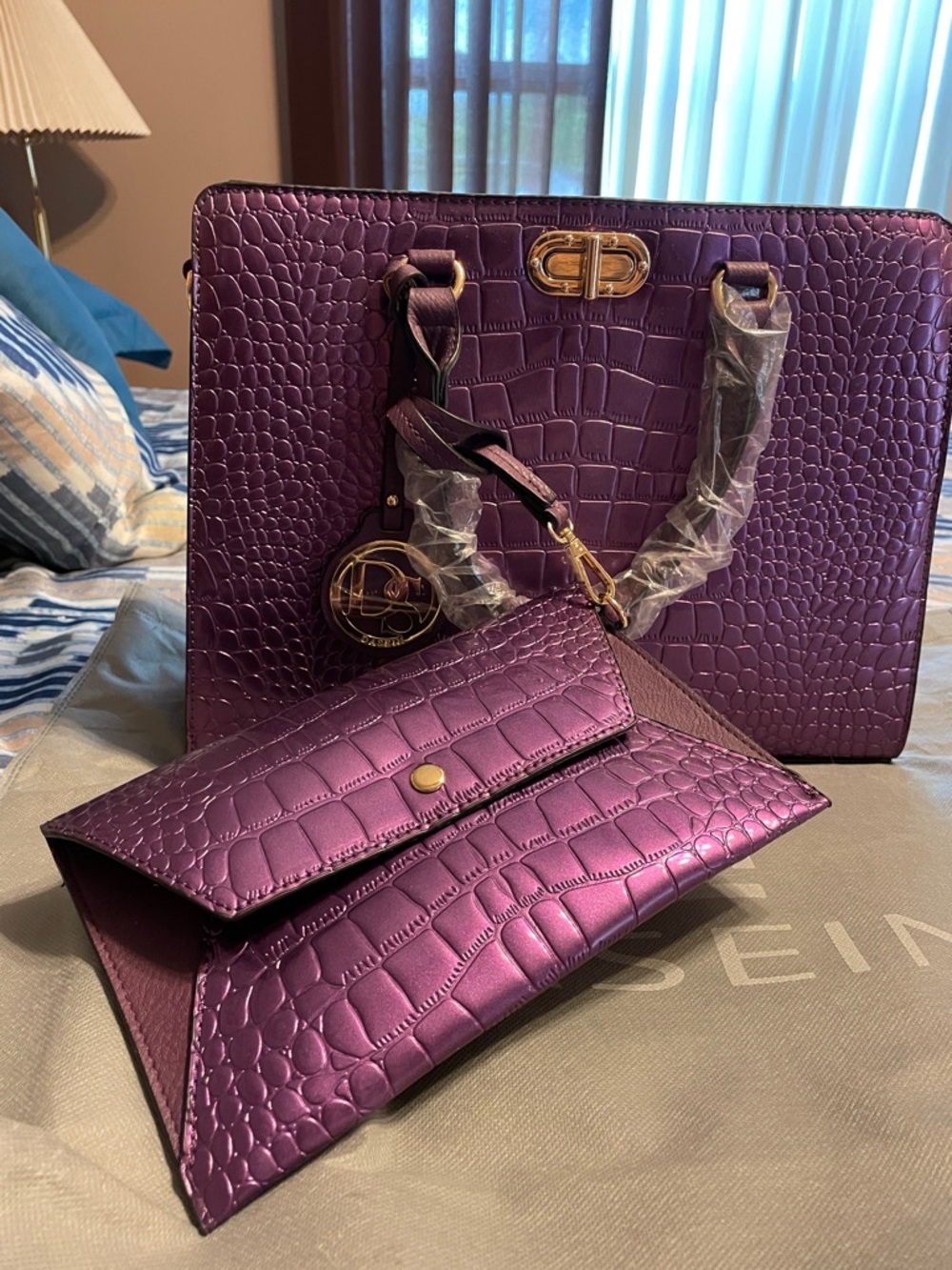 Purple Croc (like)-Embossed Tote Bag with Gold Hardware